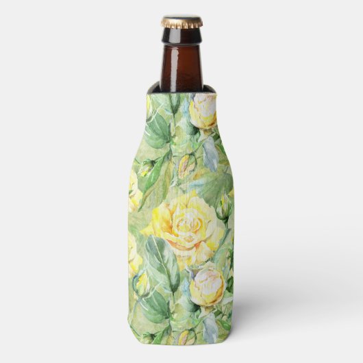 Gele rozen in bladeren flesjeskoeler (Fles Voorkant)