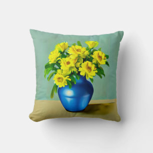 Gele Rozen in een Blauwe Vaas Boho Art Kussen