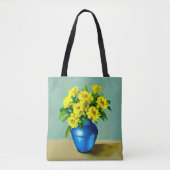 Gele Rozen in een Blauwe Vaas Boho Art Tote Bag (Voorkant)