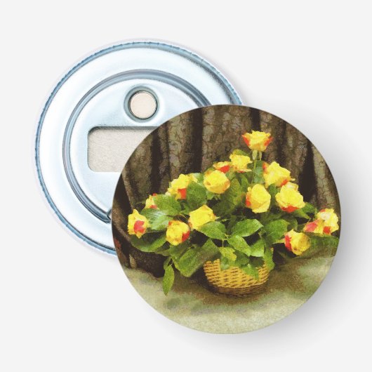 Gele rozen mand schilderij button flesopener (Voorkant)