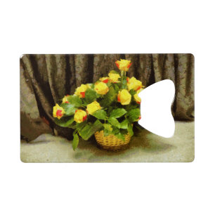 Gele rozen mand schilderij creditkaart flessenopener