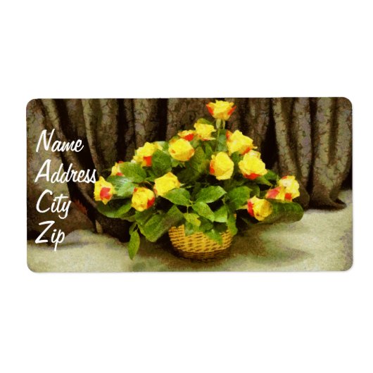 Gele rozen mand schilderij etiket (Voorkant)