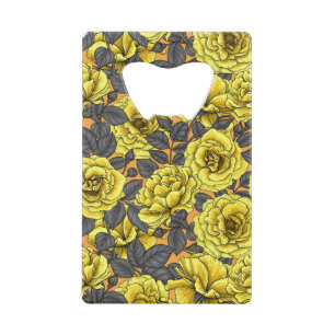 Gele rozen met grijze bladeren op sinaasappel creditkaart flessenopener