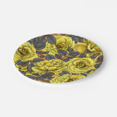 Gele rozen met grijze bladeren op sinaasappel papieren bordje (Gekanteld)
