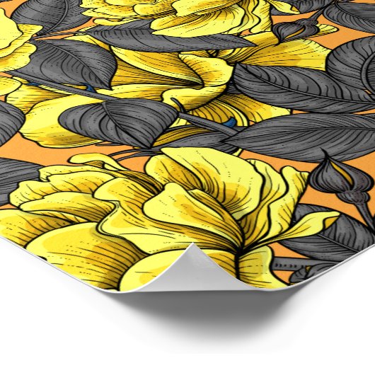 Gele rozen met grijze bladeren op sinaasappel poster (Hoek)