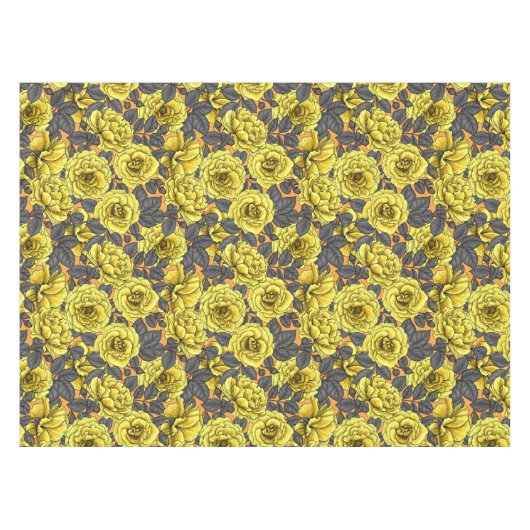 Gele rozen met grijze bladeren op sinaasappel tafelkleed (Voorkant (Horizontaal))