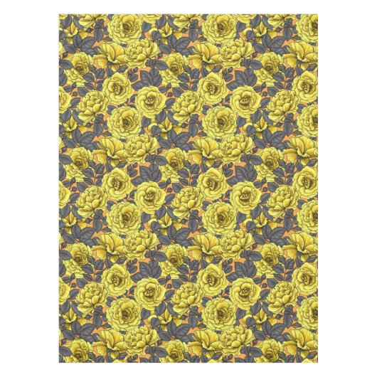 Gele rozen met grijze bladeren op sinaasappel tafelkleed (Voorkant)