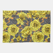 Gele rozen met grijze bladeren op sinaasappel theedoek (Horizontaal)