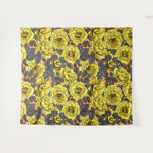 Gele rozen met grijze bladeren op sinaasappel wandkleed (Voorkant (horizontaal))