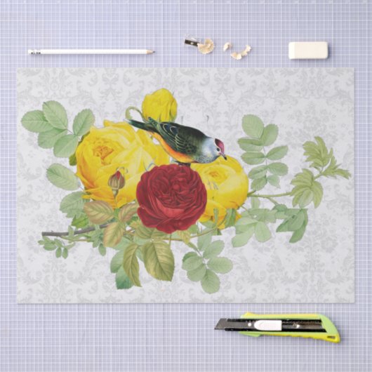  gele rozen met zongvogel en Damask Tissuepapier (Craft)