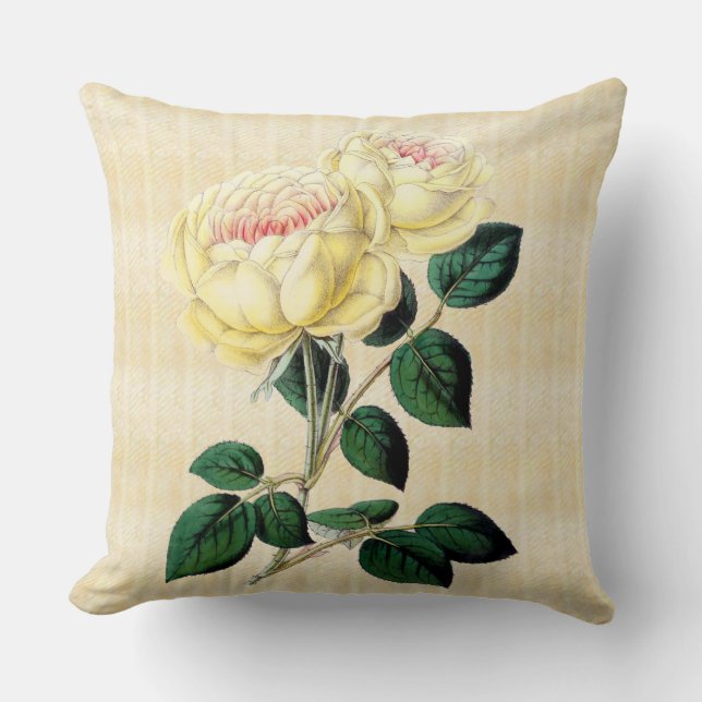 Gele rozen op Crème Botanische Worp Kussen 2 (Voorkant)