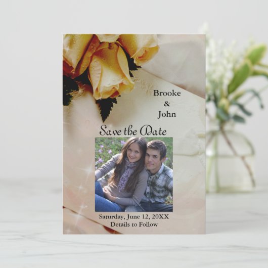 Gele Rozen op Elegant Ivoor Foto Save The Date (Staand voorkant)