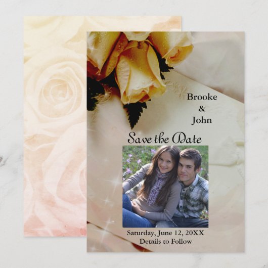 Gele Rozen op Elegant Ivoor Foto Save The Date (Voorkant / Achterkant)