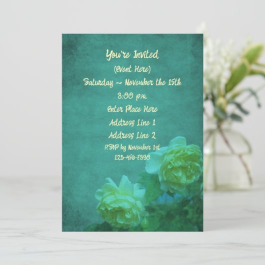 Gele rozen op verouderde turquoise bloemenfeest kaart (Staand voorkant)