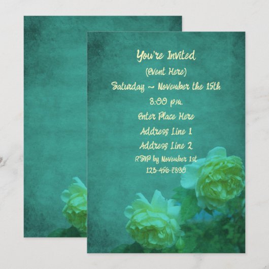 Gele rozen op verouderde turquoise bloemenfeest kaart (Voorkant / Achterkant)