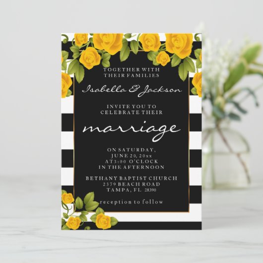 Gele rozen op zwarte en witte strepen kaart (Staand voorkant)