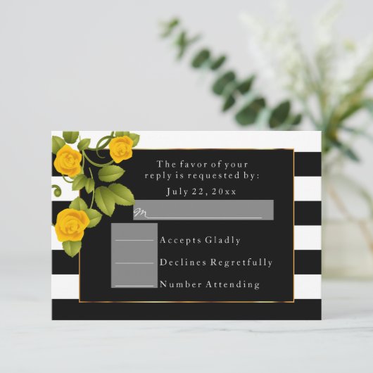 Gele rozen op zwarte en witte strepen kaart (Staand voorkant)