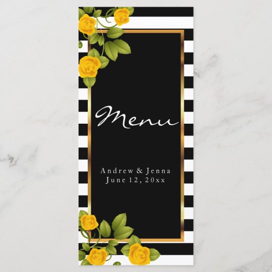 Gele rozen op zwarte en witte strepen menu (Achterkant)