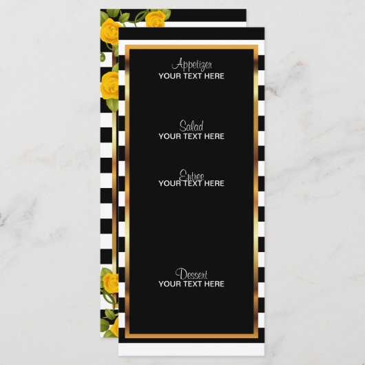 Gele rozen op zwarte en witte strepen menu (Voorkant / Achterkant)