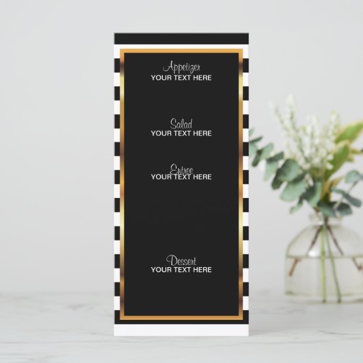 Gele rozen op zwarte en witte strepen menu (Staand voorkant)