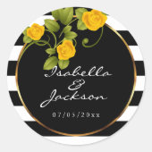 Gele rozen op zwarte en witte strepen ronde sticker (Voorkant)