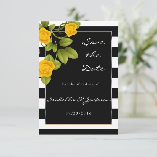 Gele rozen op zwarte en witte strepen save the date (Staand voorkant)