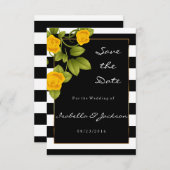 Gele rozen op zwarte en witte strepen save the date (Voorkant / Achterkant)