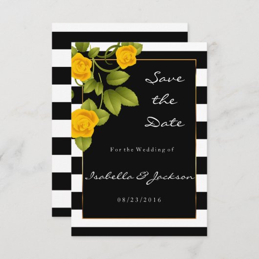Gele rozen op zwarte en witte strepen save the date (Voorkant / Achterkant)