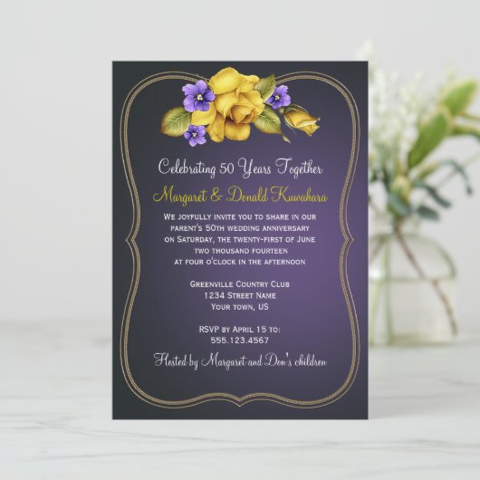 Gele rozen Paars Violet Goud  Lijst Kaart (Staand voorkant)