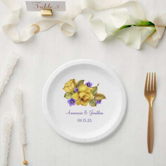 Gele rozen Paars Violets Monogram Dessert Bord (Huwelijk)