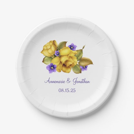 Gele rozen Paars Violets Monogram Dessert Bord (Voorkant)