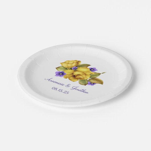 Gele rozen Paars Violets Monogram Dessert Bord (Gekanteld)