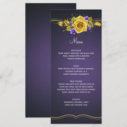 Gele Rozen Paarse Viooltjes Gouden Menu (Voorkant / Achterkant)