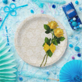 Gele rozen rode rode witte rand boven ivoorpapier  papieren bordje (Feest)