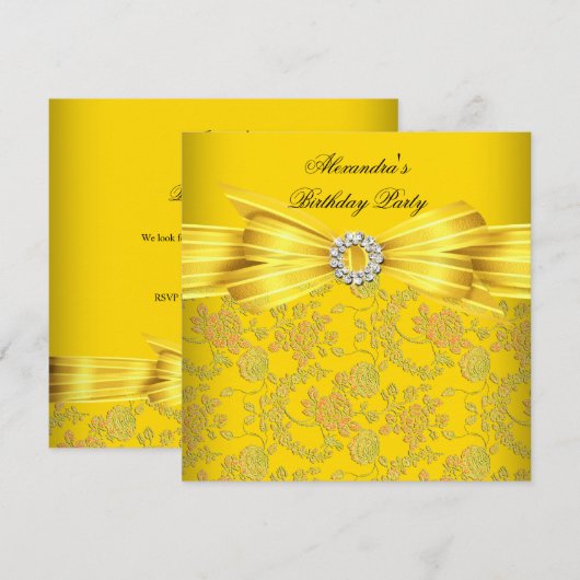 Gele rozen rozen Damask Birthday Party Kaart (Voorkant / Achterkant)