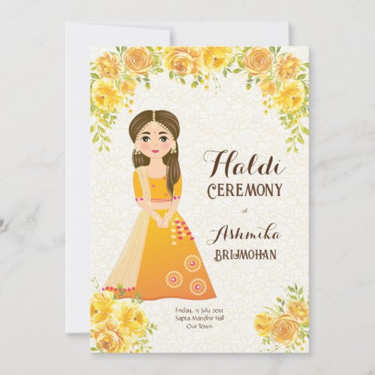 Gele rozen schattig meisje Haldi Uitnodiging (Voorkant)