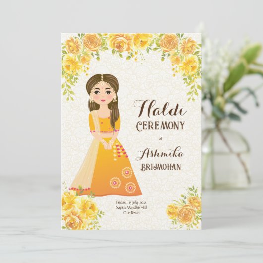 Gele rozen schattig meisje Haldi Uitnodiging (Staand voorkant)