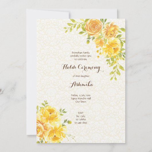 Gele rozen schattig meisje Haldi Uitnodiging (Achterkant)