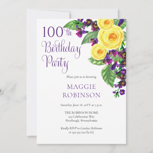 Gele Rozen Violet 100ste Verjaardagsfeest Kaart (Voorkant)