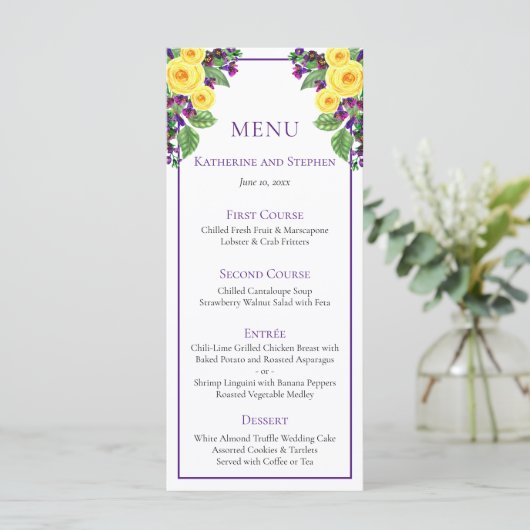 Gele Rozen | Violets Boho Bloemen Bruiloft Menu (Staand voorkant)