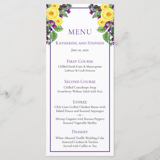Gele Rozen | Violets Boho Bloemen Bruiloft Menu (Voorkant)