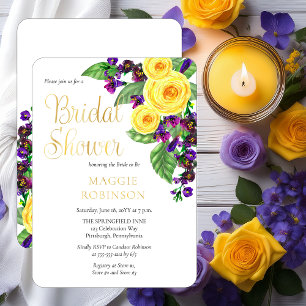 Gele Rozen Violets Boho Bloemrijke Bruidsdouche Folie Uitnodiging