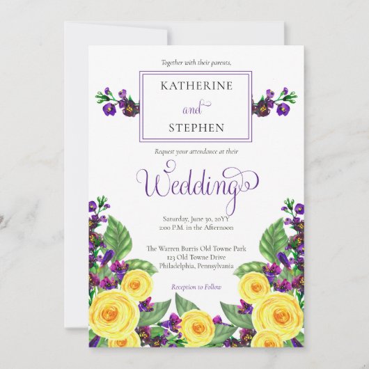 Gele rozen |Violets Boho Floral Wedding Kaart (Voorkant)