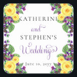 Gele rozen | Violets Boho Floral Wedding Vierkante Sticker<br><div class="desc">Boho bloemenboeket ontwerp met gele rozen en paarse viooltjes en dat is de basis van dit cascading bloemenontwerp met paarse scripttekst.</div>