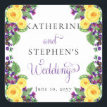 Gele rozen | Violets Boho Floral Wedding Vierkante Sticker<br><div class="desc">Boho bloemenboeket ontwerp met gele rozen en paarse viooltjes en dat is de basis van dit cascading bloemenontwerp met paarse scripttekst.</div>