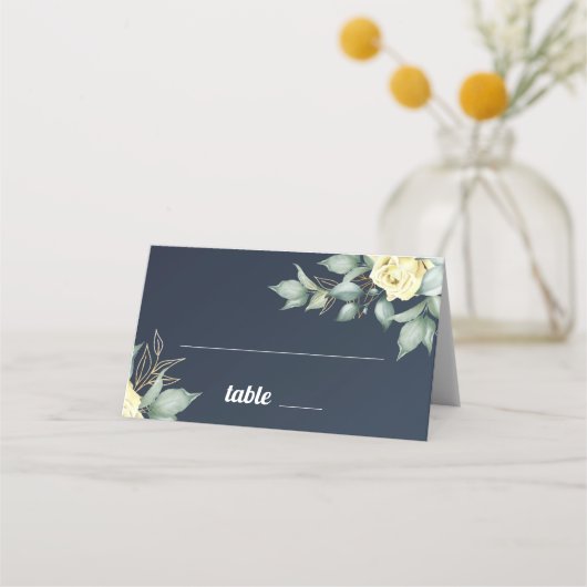Gele rozen waterverf romantische marineblauw plaatskaartje (Voorkant)