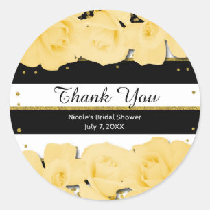 Gele Rozen Zwarte Strepen & Gouden Bruidsdouche Ronde Sticker