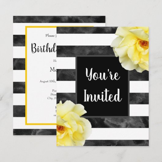 Gele rozen, zwarte witte Waterverf Stripes Kaart (Voorkant / Achterkant)
