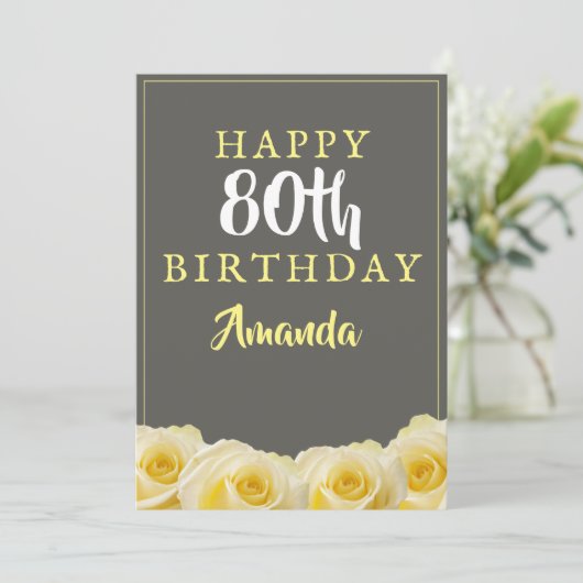 Gele rozenbloem 80e Birthday Kaart (Staand voorkant)