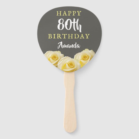 Gele rozenbloem 80e verjaardag Foto Handwaaier (Voorkant)